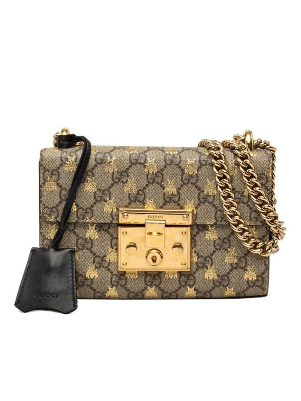Gucci GG Supreme Beige Padlock Chain Shoulder Bag 2-Way Leather